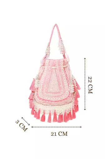 dewdrop fringe coral pink & ivory embellished velvet potli