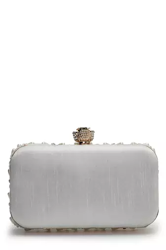 opal thread pearl & silver faux silk scallop beaded clutch