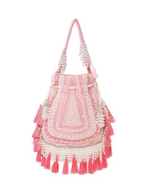 dewdrop fringe coral pink & ivory embellished velvet potli 6
