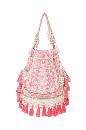 dewdrop fringe coral pink & ivory embellished velvet potli