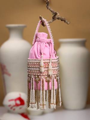 dewdrop fringe baby pink & ivory velvet beaded potli 1