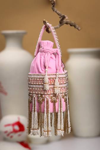 dewdrop fringe baby pink & ivory velvet beaded potli