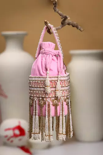 dewdrop fringe baby pink & ivory velvet beaded potli