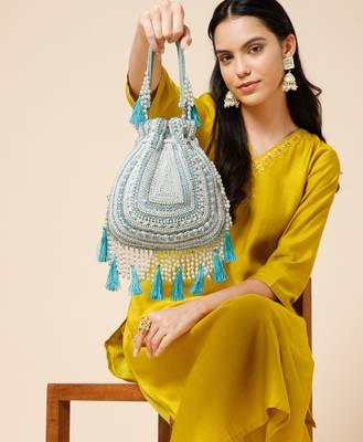dewdrop fringe mint green & ivory embellished velvet potli 1