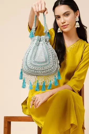 dewdrop fringe mint green & ivory embellished velvet potli