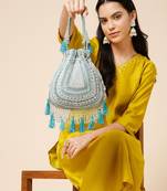 dewdrop fringe mint green & ivory embellished velvet potli