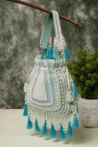dewdrop fringe mint green & ivory embellished velvet potli