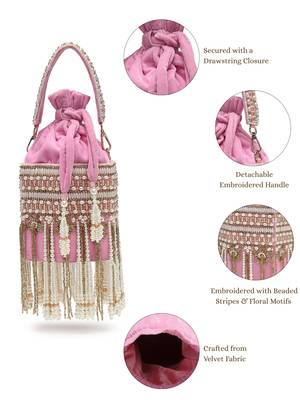 dewdrop fringe baby pink & ivory velvet beaded potli 4