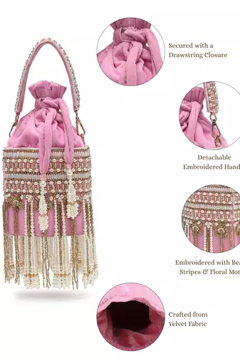 dewdrop fringe baby pink & ivory velvet beaded potli