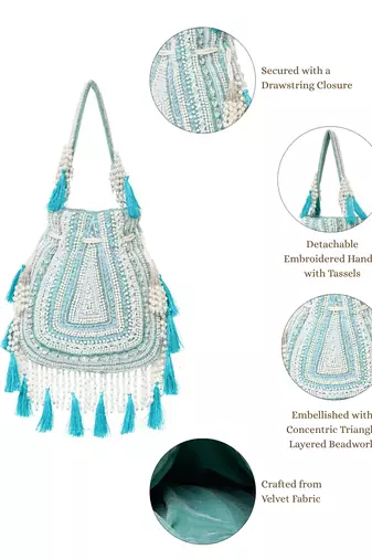 dewdrop fringe mint green & ivory embellished velvet potli