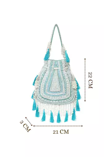 dewdrop fringe mint green & ivory embellished velvet potli