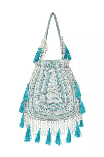 dewdrop fringe mint green & ivory embellished velvet potli