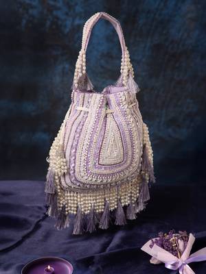 dewdrop fringe light lavender & ivory embellished velvet potli 1