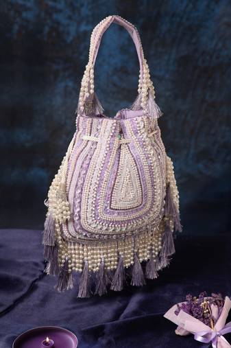 dewdrop fringe light lavender & ivory embellished velvet potli