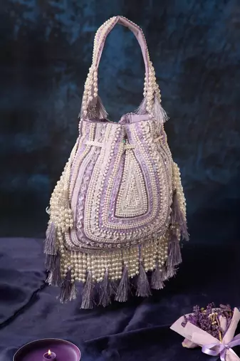 dewdrop fringe light lavender & ivory embellished velvet potli