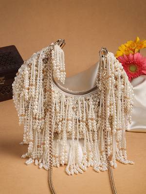 fringe flirt ivory & champagne faux silk clustered beadwork clutch 1