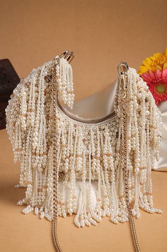 fringe flirt ivory & champagne faux silk clustered beadwork clutch