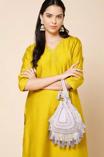 dewdrop fringe light lavender & ivory embellished velvet potli