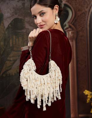 fringe flirt ivory & champagne faux silk clustered beadwork clutch 3
