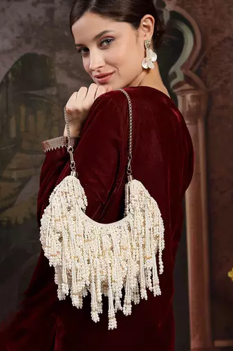 fringe flirt ivory & champagne faux silk clustered beadwork clutch