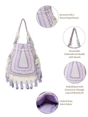 dewdrop fringe light lavender & ivory embellished velvet potli 4