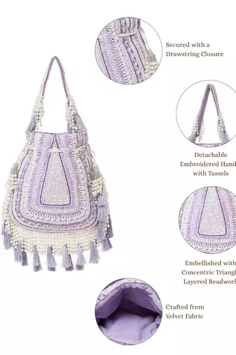 dewdrop fringe light lavender & ivory embellished velvet potli