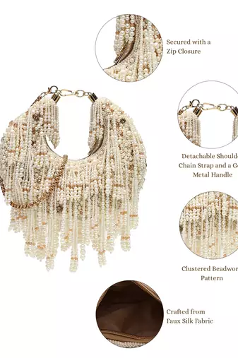 fringe flirt ivory & champagne faux silk clustered beadwork clutch