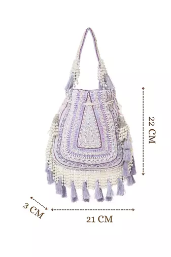 dewdrop fringe light lavender & ivory embellished velvet potli