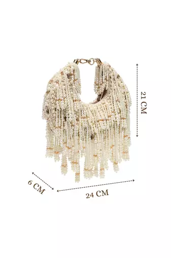 fringe flirt ivory & champagne faux silk clustered beadwork clutch