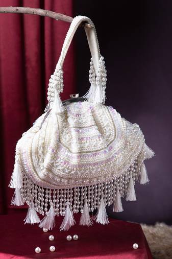 dewdrop fringe ivory, pearl & white embellished velvet clutch
