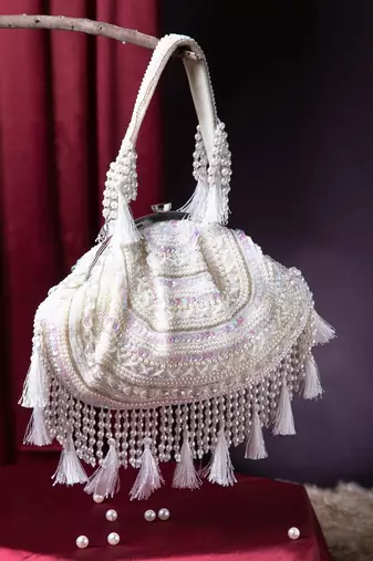 dewdrop fringe ivory, pearl & white embellished velvet clutch