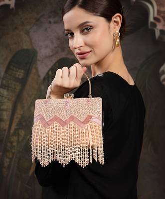 crystal cascade blush pink & champagne velvet chevron embellished clutch 1