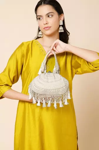 dewdrop fringe ivory, pearl & white embellished velvet clutch