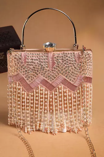 crystal cascade blush pink & champagne velvet chevron embellished clutch