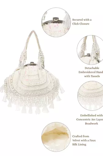 dewdrop fringe ivory, pearl & white embellished velvet clutch