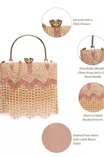 crystal cascade blush pink & champagne velvet chevron embellished clutch