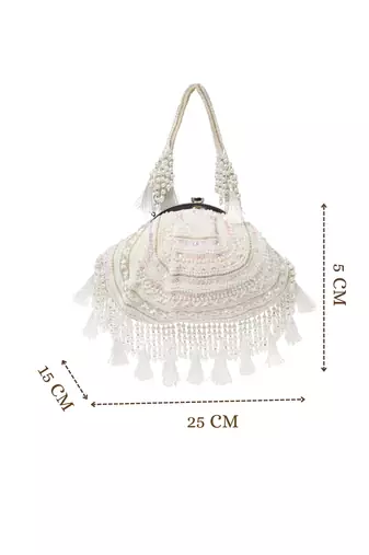 dewdrop fringe ivory, pearl & white embellished velvet clutch