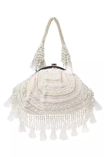 dewdrop fringe ivory, pearl & white embellished velvet clutch