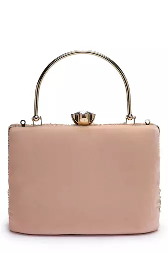 crystal cascade blush pink & champagne velvet chevron embellished clutch