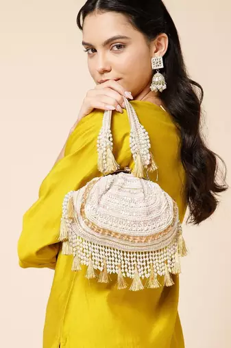 dewdrop fringe champagne gold & ivory embellished velvet clutch