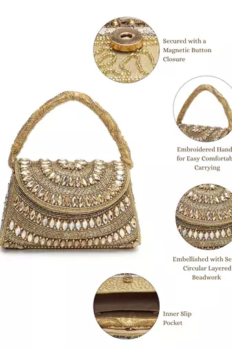 blush & bead antique gold & copper faux silk embellished clutch