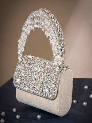 crystal cascade nude beige & silver stone embellished suede clutch 1