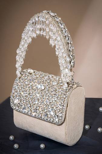 crystal cascade nude beige & silver stone embellished suede clutch