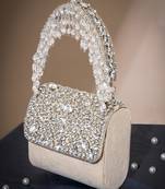 crystal cascade nude beige & silver stone embellished suede clutch
