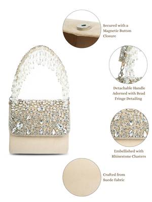 crystal cascade nude beige & silver stone embellished suede clutch 4