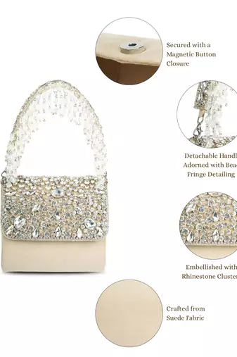 crystal cascade nude beige & silver stone embellished suede clutch