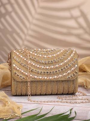 blush & bead antique gold faux silk arc beaded clutch 1