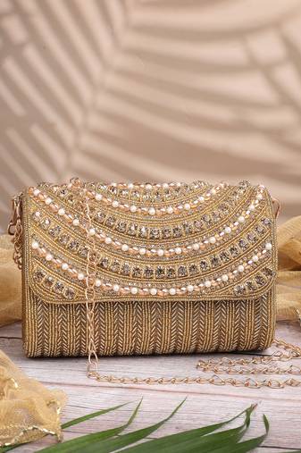 blush & bead antique gold faux silk arc beaded clutch
