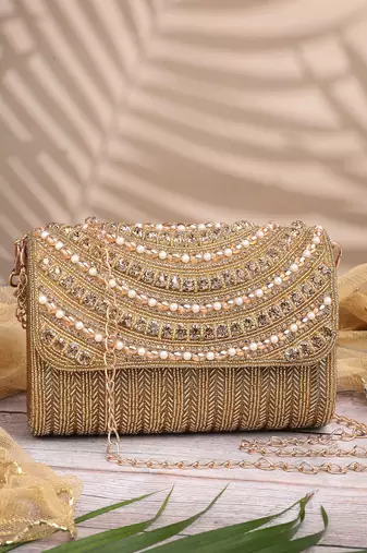 blush & bead antique gold faux silk arc beaded clutch