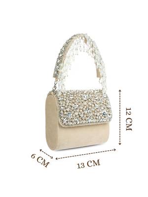 crystal cascade nude beige & silver stone embellished suede clutch 5